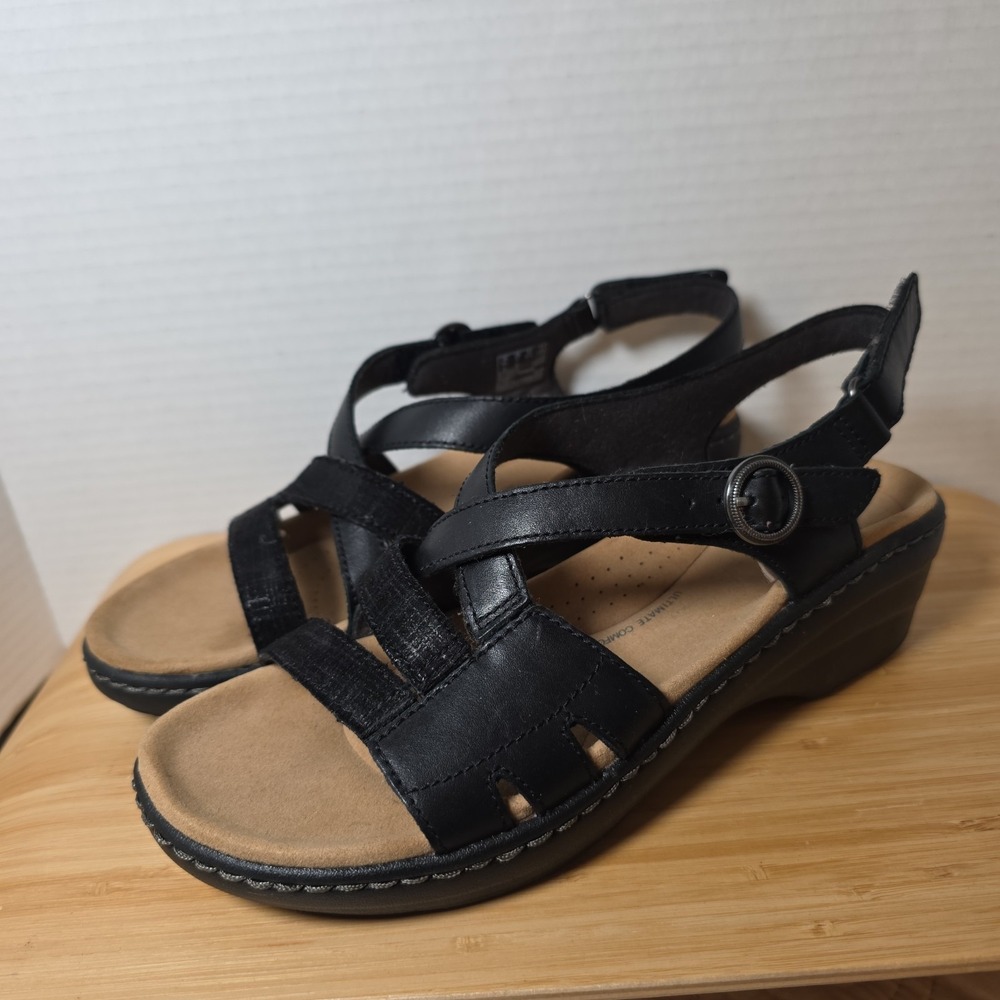 Clarks Merliah Bonita Wedge Sandals Womens Sz. 7 M Black Leather Slingback Shoes